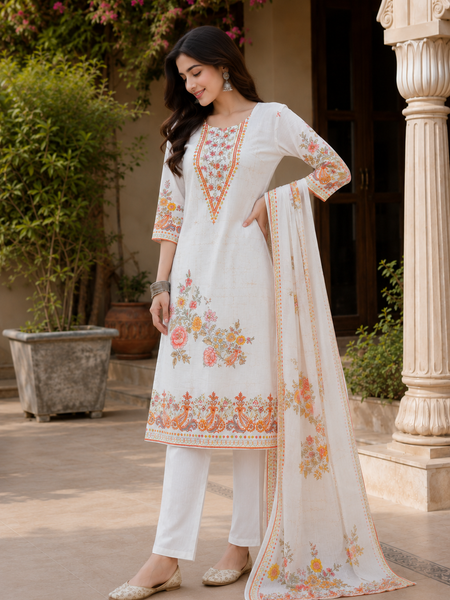 Women WHITE Printed Round Neck Kurta with Straight Pants & Printed Dupatta