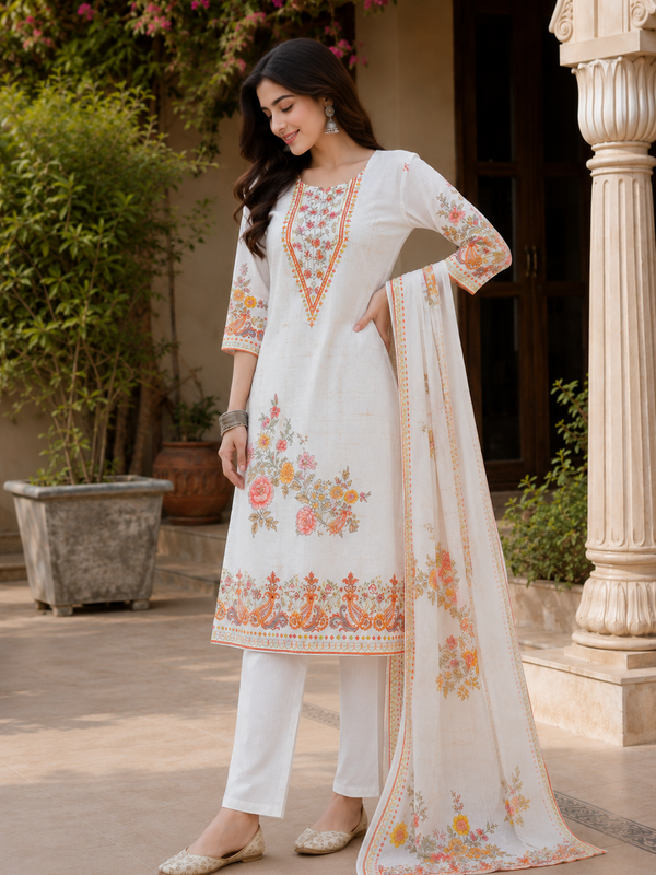 Women WHITE Printed Round Neck Kurta with Straight Pants & Printed Dupatta