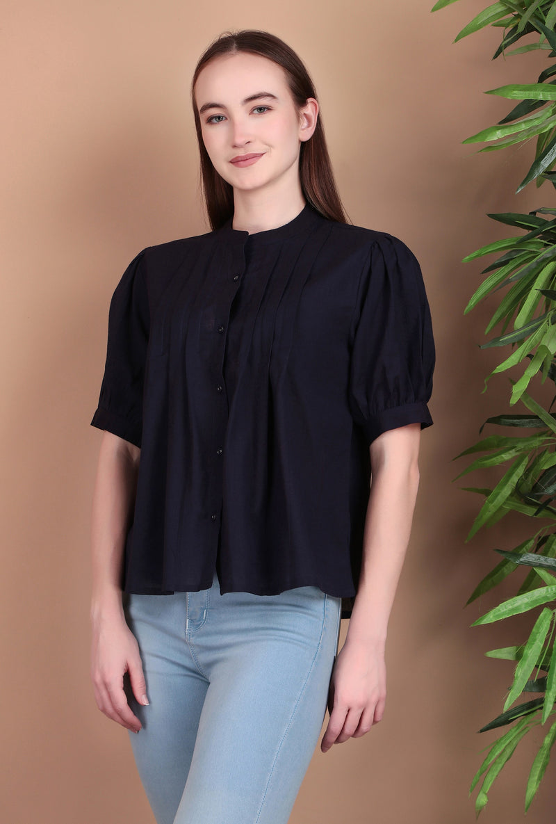 Miramaar Women's Cotton Flex Solid Blue Pintex Top