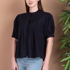 Miramaar Women's Cotton Flex Solid Blue Pintex Top