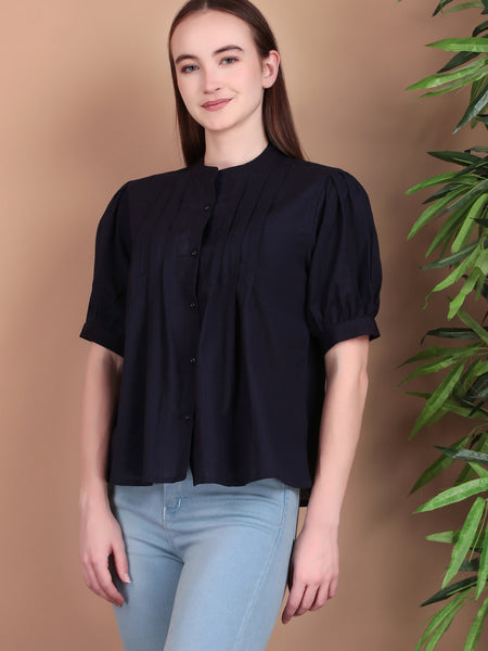 Miramaar Women's Cotton Flex Solid Blue Pintex Top