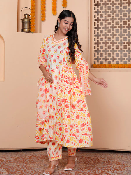 Miramaar Women's Yellow Printed Rayon Anarkali Adda Work Kurta Set