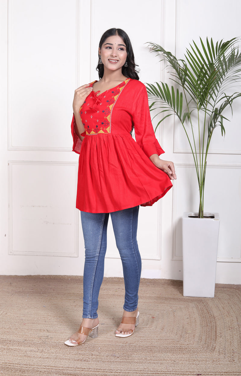 Miramaar Women's Rayon Embroidered Red Top