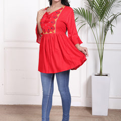 Miramaar Women's Rayon Embroidered Red Top