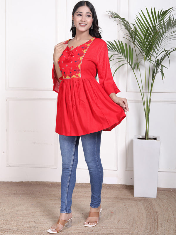 Miramaar Women's Rayon Embroidered Red Top