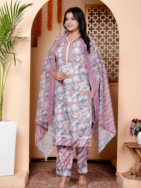 Miramaar Women's Multicolor Printed Linen Straight Kurta Dupatta Set