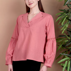 Miramaar Women's Cotton Flex Collared Pink Solid Embroidered Top