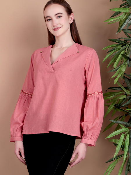 Miramaar Women's Cotton Flex Collared Pink Solid Embroidered Top