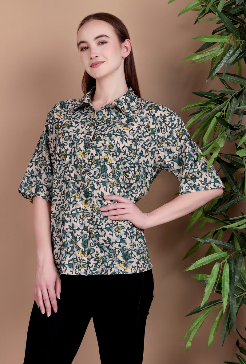 Miramaar Women's Cotton Spread Collar Green Printed Top