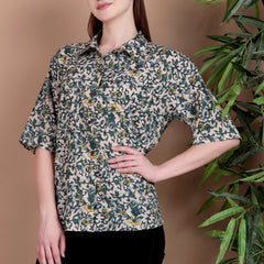 Miramaar Women's Cotton Spread Collar Green Printed Top