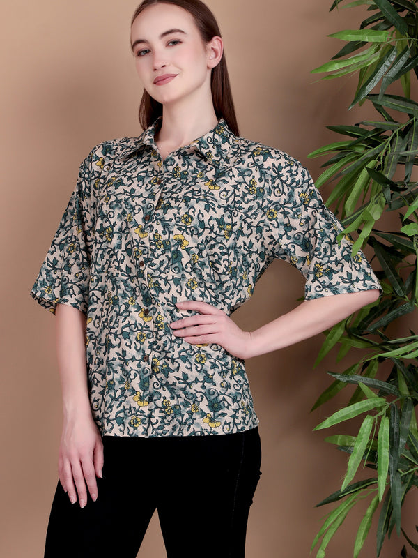 Miramaar Women's Cotton Spread Collar Green Printed Top