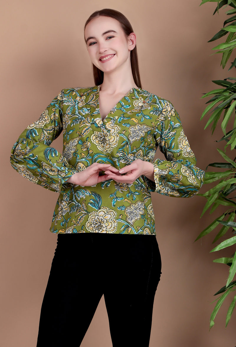 Miramaar Women's Cotton V-Neck Green Printed Top