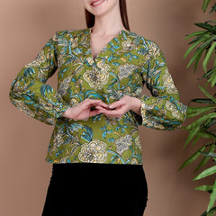 Miramaar Women's Cotton V-Neck Green Printed Top