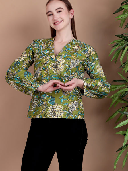 Miramaar Women's Cotton V-Neck Green Printed Top