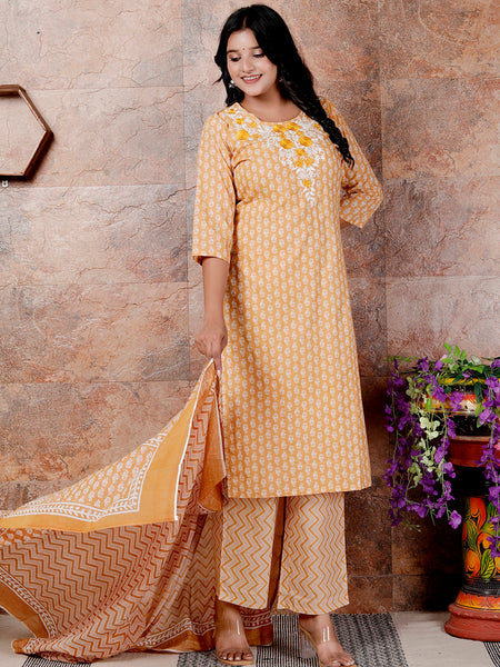 Miramaar Women's Mustard Cotton Straight Neck Embroidered Kurta Set with Dupatta