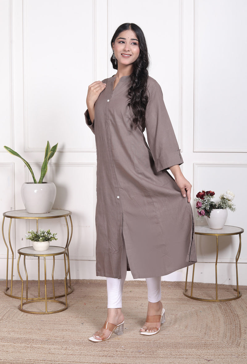Miramaar Women's Cotton Brown Mandarin Collar Straight Kurti