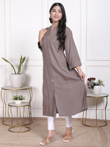 Miramaar Women's Cotton Brown Mandarin Collar Straight Kurti