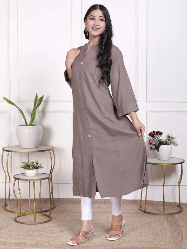 Miramaar Women's Cotton Brown Mandarin Collar Straight Kurti