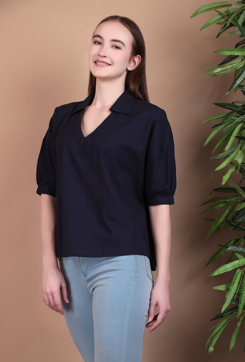 Miramaar Women's Cotton Flex Solid Blue Regular Top