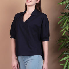 Miramaar Women's Cotton Flex Solid Blue Regular Top