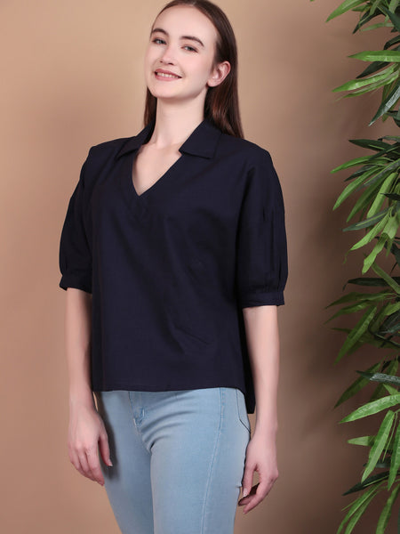 Miramaar Women's Cotton Flex Solid Blue Regular Top