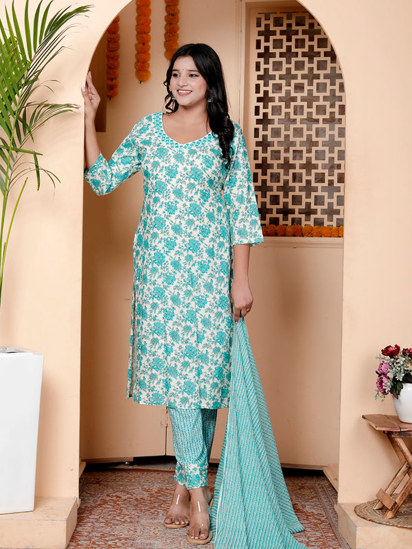 Miramaar Women's Light Blue Round Neck Embroidered Straight Kurta Pant with Dupatta