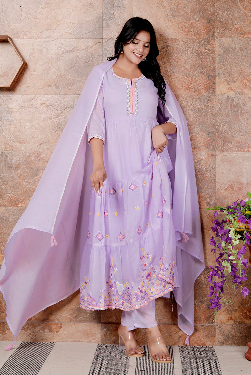 Miramaar Women's Purple Anarkali Embroidered Kurta Pant Dupatta Set