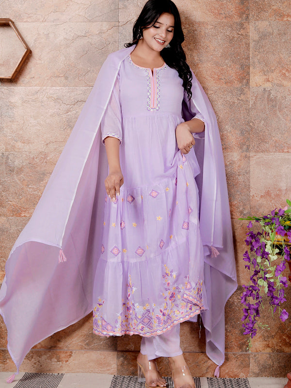 Miramaar Women's Purple Anarkali Embroidered Kurta Pant Dupatta Set