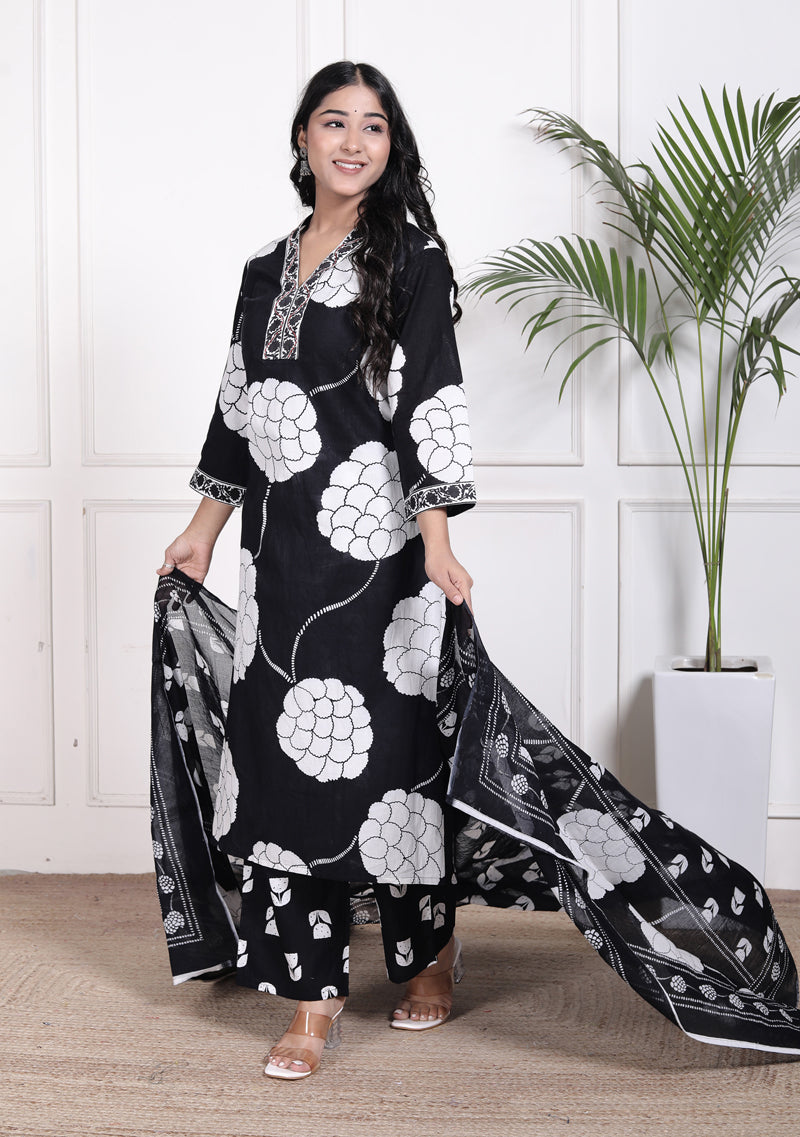 Miramaar Women's Black Straight Printed Kurta Pant Dupatta Set