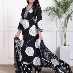 Miramaar Women's Black Straight Printed Kurta Pant Dupatta Set