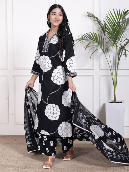 Miramaar Women's Black Straight Printed Kurta Pant Dupatta Set