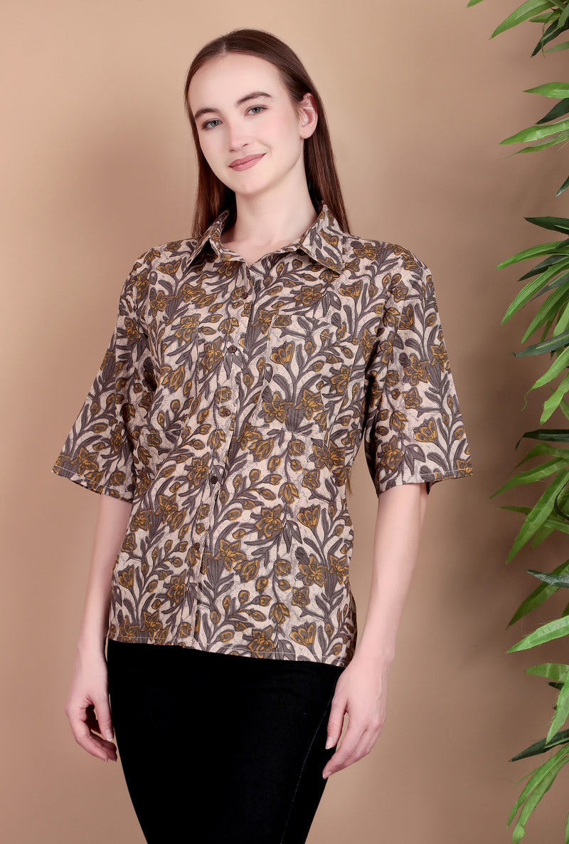 Miramaar Women's Cotton Spread Collar Beige Printed Top