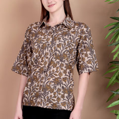 Miramaar Women's Cotton Spread Collar Beige Printed Top