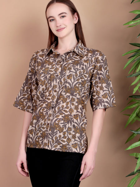 Miramaar Women's Cotton Spread Collar Beige Printed Top