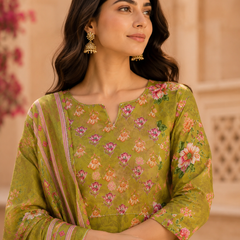 Miramaar Women's Green Cotton Straight Round Neck Hand Work Kurta Pant with Dupatta