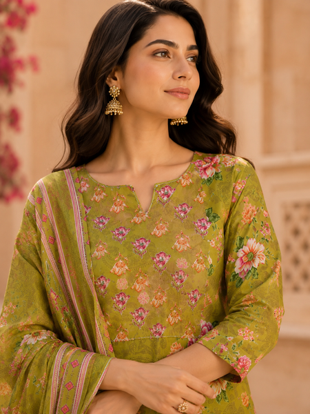 Miramaar Women's Green Cotton Straight Round Neck Hand Work Kurta Pant with Dupatta