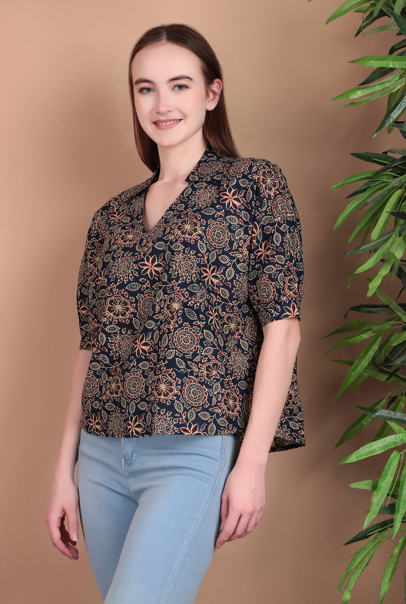 Miramaar Women's Cotton Printed Blue Regular Top