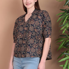 Miramaar Women's Cotton Printed Blue Regular Top