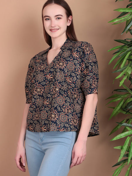 Miramaar Women's Cotton Printed Blue Regular Top