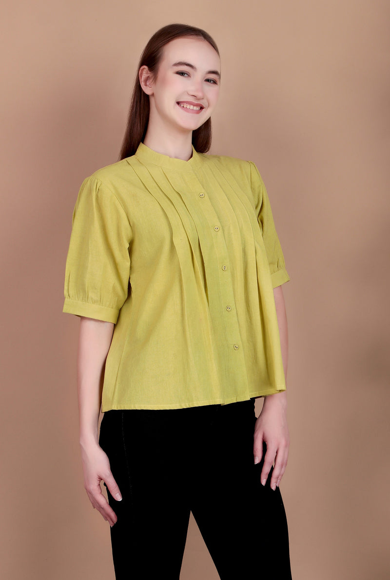 Miramaar Women's Cotton Flex Solid Lime Green Pintex Top