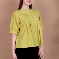 Miramaar Women's Cotton Flex Solid Lime Green Pintex Top