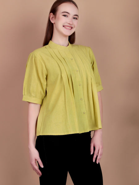 Miramaar Women's Cotton Flex Solid Lime Green Pintex Top