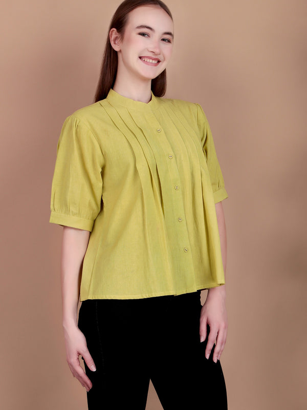 Miramaar Women's Cotton Flex Solid Lime Green Pintex Top