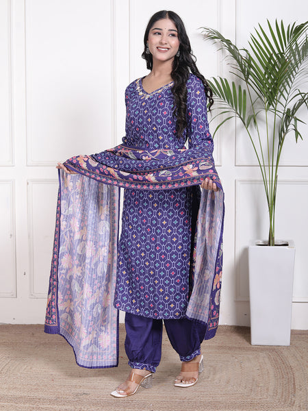 Miramaar Women's Blue Muslin V-Neck Kurta Set with Dupatta