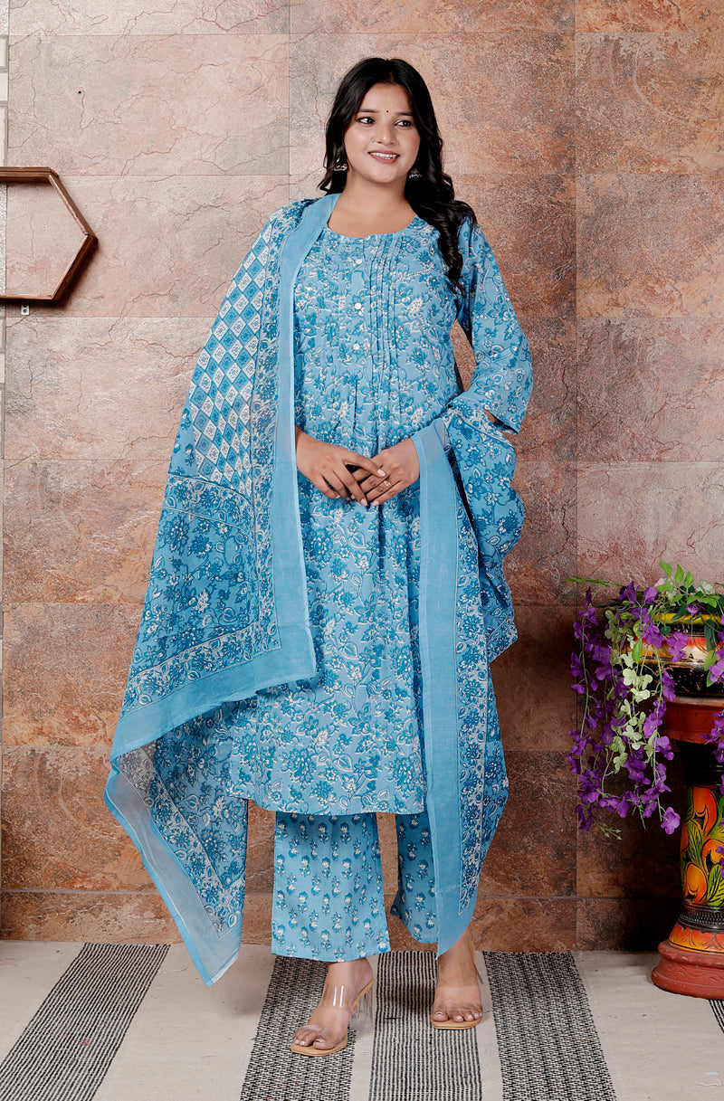 Miramaar Women's Blue Round Neck Hand Work Kurta Pant with Dupatta