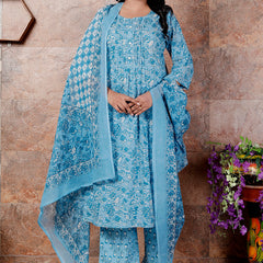 Miramaar Women's Blue Round Neck Hand Work Kurta Pant with Dupatta