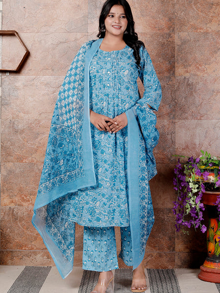 Miramaar Women's Blue Round Neck Hand Work Kurta Pant with Dupatta