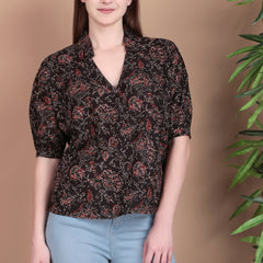 Miramaar Women's Cotton Printed Black Regular Top