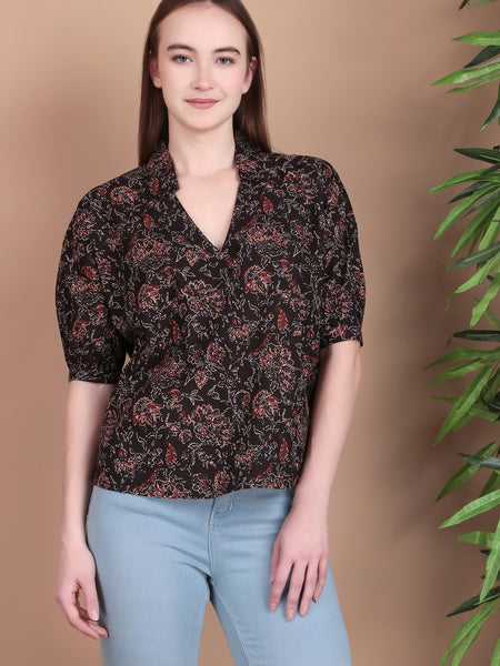 Miramaar Women's Cotton Printed Black Regular Top
