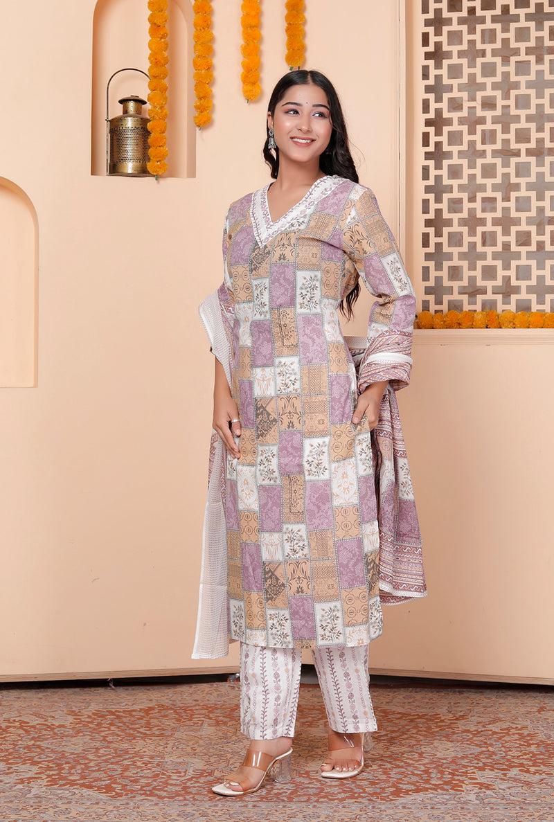 Miramaar Women's Printed Cotton V-Neck Straight Kurta Set with Dupatta